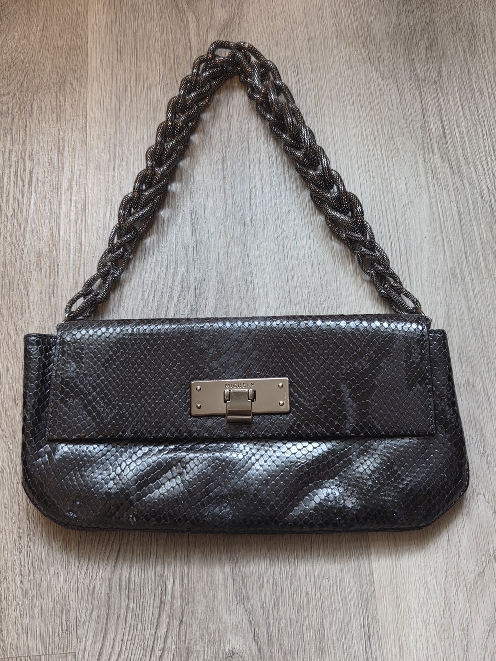 Michele Metallic Gunmetal Snake-Embossed Chain Shoulder Clutch